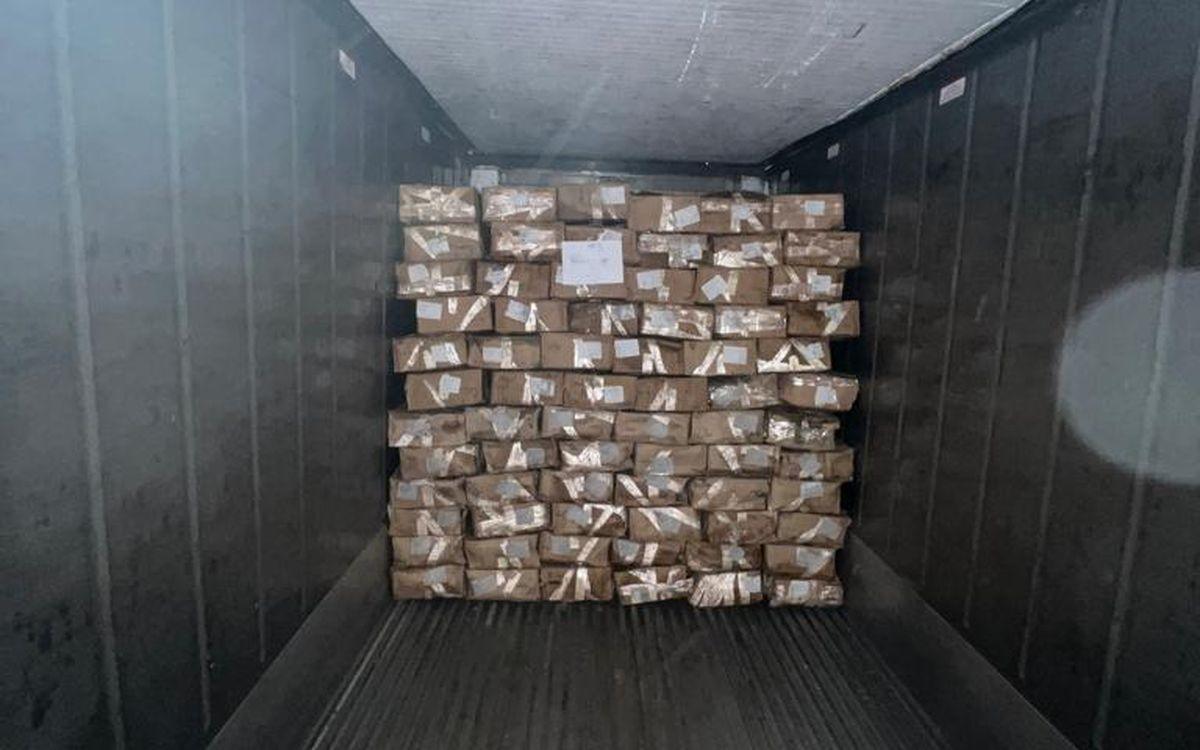 Intérieur d’un conteneur frigorifique chargé de cartons palettisés